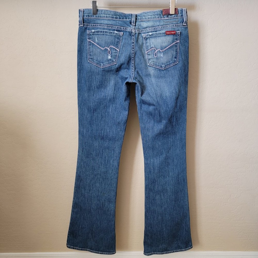 Blue 2 Medium Wash Pink Stitching Distressed Flare Denim Jeans - Picture 7 of 14